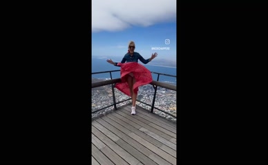 Nicki Chapman dress blown up by wind.