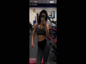kiracrash gym body sports bra and tight leggings abs exposed full figure view