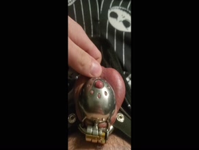 Caged cock dribbles precum.