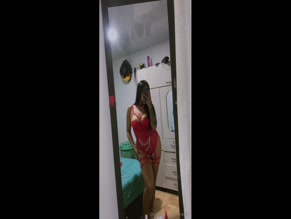 M4rian27 exposing body in graphic red lingerie.