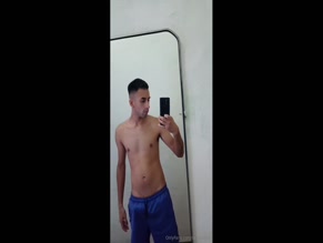 Man in blue shorts posing nude in mirror.