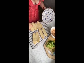 Manon Lagreve cleavage and sandwich prep