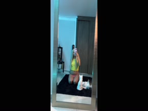 honneyb00ny yellow crop top and pink thong mirror selfie with cats