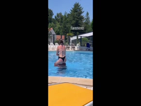 Allie Sherlock bikini piggyback pool dunk.