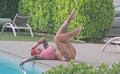 miaoumiyu poolside flashing full body tattoo revealing swimsuit