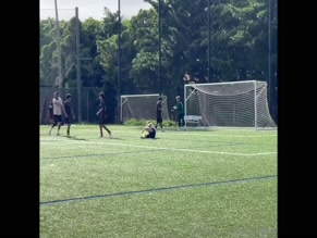 Soccerstudd gets tackled, falls to ground.