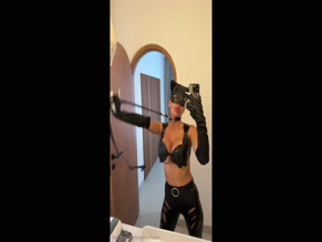 zaynacharm Leather Catwoman costume with pronounced cleavage and thigh exposure